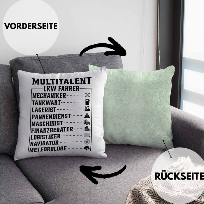 LKW Fahrer Kissen mit Füllung 40x40 Geschenk Multitalent Lustiger Spruch Lastkraftwagenfahrer (Grau) Grün Trendation