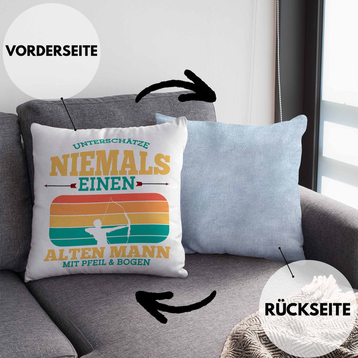 Lustige Bogenschütze Kissen mit Füllung 40x40 Geschenk für Pfeil & Bogen Enthusiasten (Grau) Blau Trendation