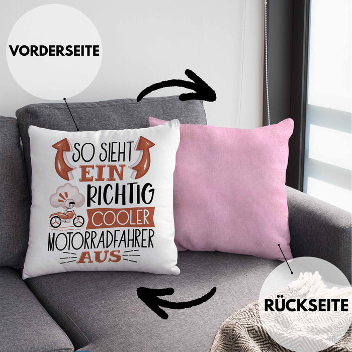 Motorradfahrer Kissen mit Füllung 40x40 Geschenk So Sieht Ein RIchtig Cooler Motorradfahrer Aus Geschenkidee Lustiger Spruch Geburtstag (Grau) Rosa Trendation