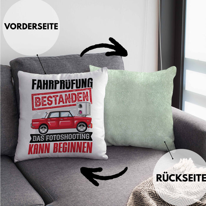 Führerschein Bestanden Geschenk Kissen mit Füllung 40x40 Bestandener Führerschein Das Fotoshooting Kann Beginnen Fahrschule (Grau) Grün Trendation