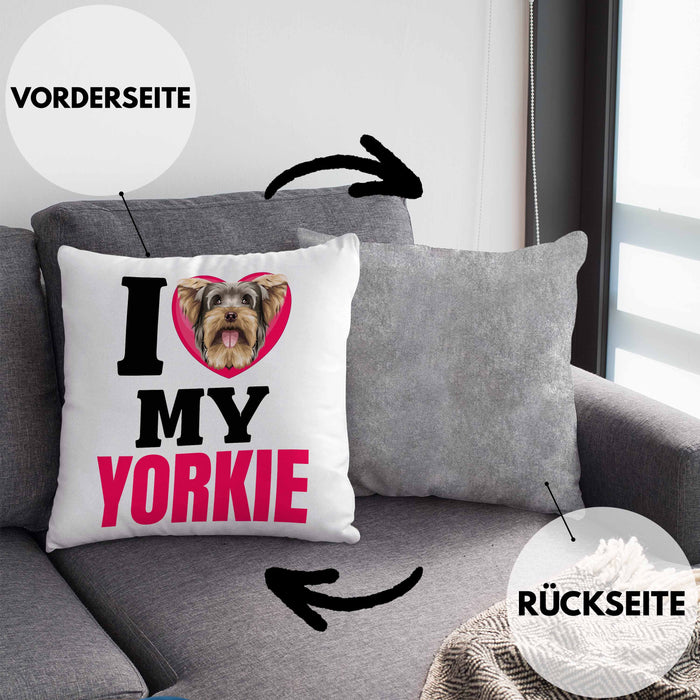 Yorkie Besitzerin Kissen mit Füllung 40x40 Geschenk Lustiger Spruch Geschenkidee I Love My Yorkie (Grau) Grau Trendation