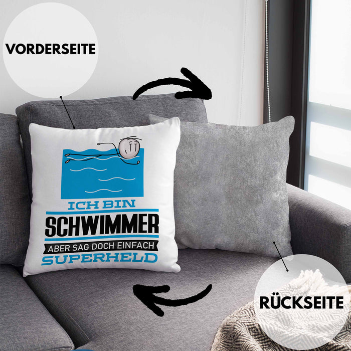 Schwimmer Geschenk Kissen mit Füllung 40x40 Ich Bin Schwimmer Aber Sag Doch Einfach Superheld Lustige Geschenkdiee für Schwimmer (Grau) Grau Trendation