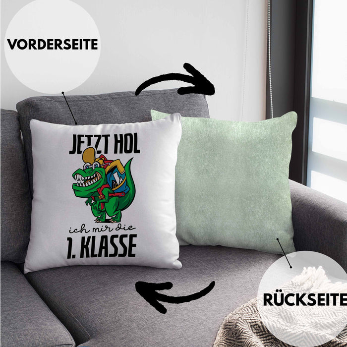 Kissen mit Füllung 40x40 Einschulung Dino T-rex Motiv Geschenk für Jungs in der 1. Klasse Schulstart (Grau) Grün Trendation