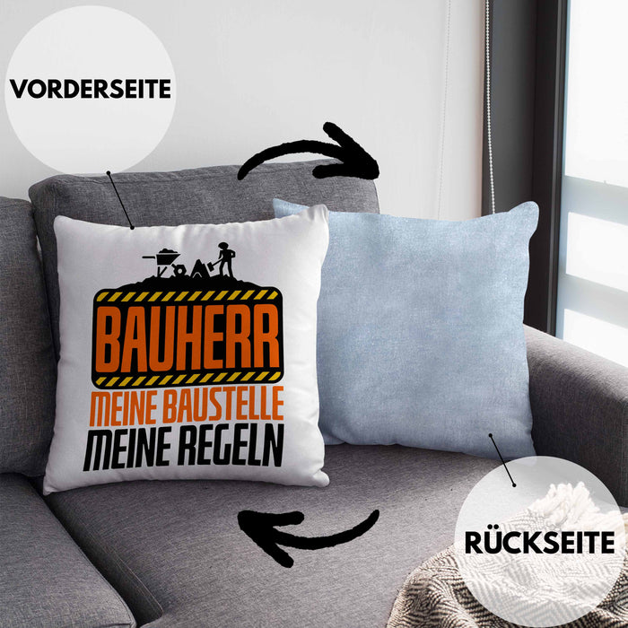 Bauherr Kissen mit Füllung 40x40 "Meine Baustelle, Meine Regeln" Lustiges Geschenk für Bauherren (Grau) Blau Trendation