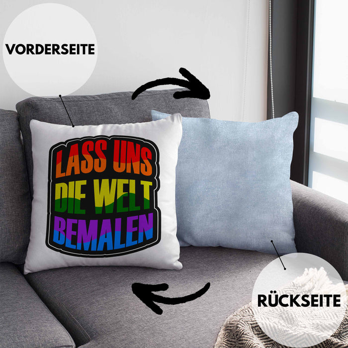 Geschenkidee LGBT Kissen mit Füllung 40x40 "Lass uns die Welt Bemalen" Regenbogenfarben (Grau) Blau Trendation