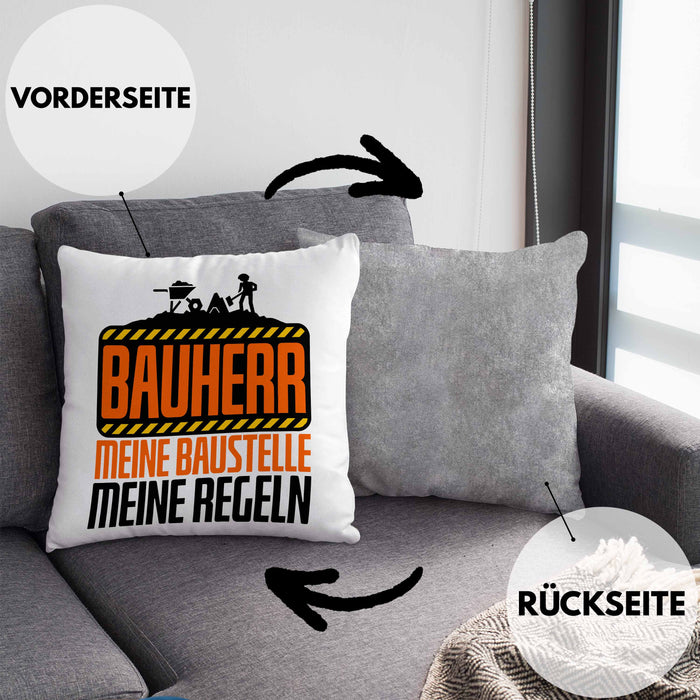 Bauherr Kissen mit Füllung 40x40 "Meine Baustelle, Meine Regeln" Lustiges Geschenk für Bauherren (Grau) Grau Trendation