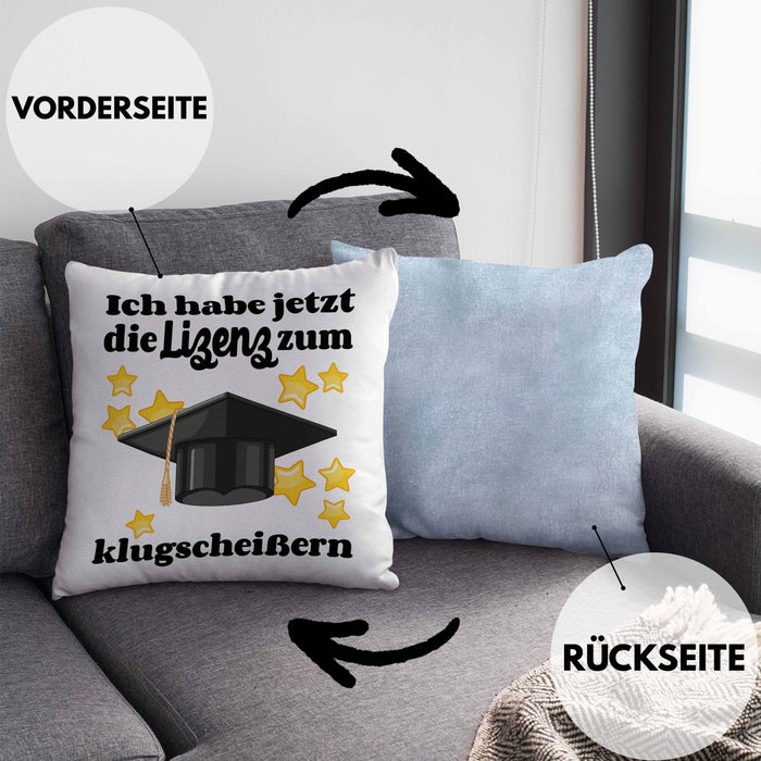 Bachelor Geschenk Abschluss Kissen mit Füllung 40x40 Spruch Master Abitur Abi Graduation Bestanden Prüfung (Grau) Blau Trendation