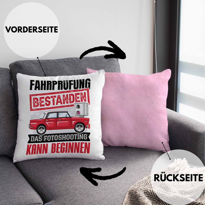 Führerschein Bestanden Geschenk Kissen mit Füllung 40x40 Bestandener Führerschein Das Fotoshooting Kann Beginnen Fahrschule (Grau) Rosa Trendation