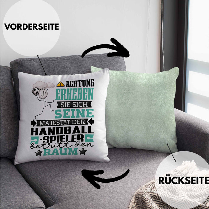 Handballspieler Geschenk Kissen mit Füllung 40x40 Lustiger Spruch Erheben Sie Sich Der Handballspieler Betritt den Raum (Grau) Grün Trendation