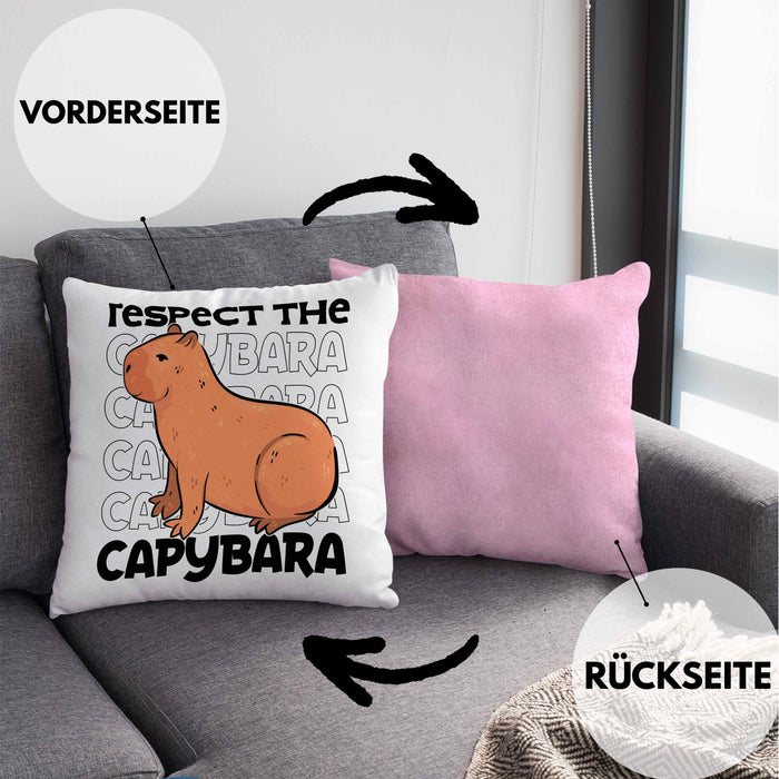 Respect The Capybara Kissen mit Füllung 40x40 Capybara Tier Geschenk für Capybara Liebhaber (Grau) Rosa Trendation