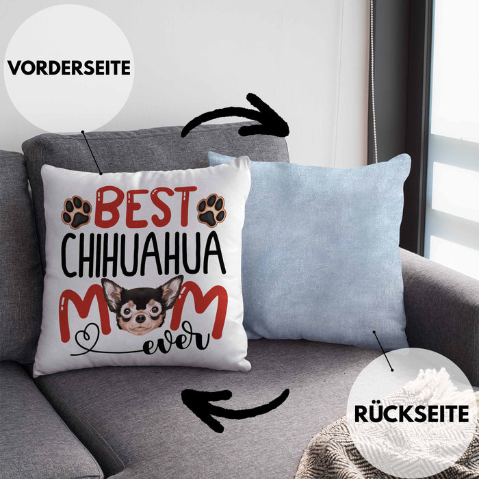 Chihuahua Mom Besitzerin Kissen mit Füllung 40x40 Geschenk Lustiger Spruch Geschenkidee Besitzerin Chihuahua Mama (Grau) Blau Trendation