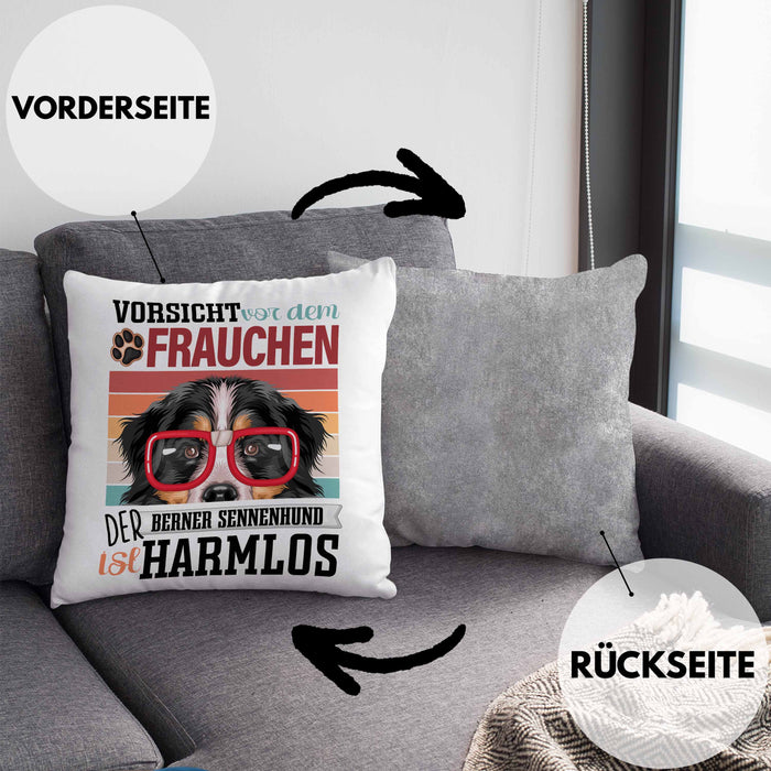 Berner Sennen Besitzerin Frauchen Kissen mit Füllung 40x40 Geschenk Lustiger Spruch Geschenkidee Vorsicht Vor Dem Frauchen (Grau) Grau Trendation