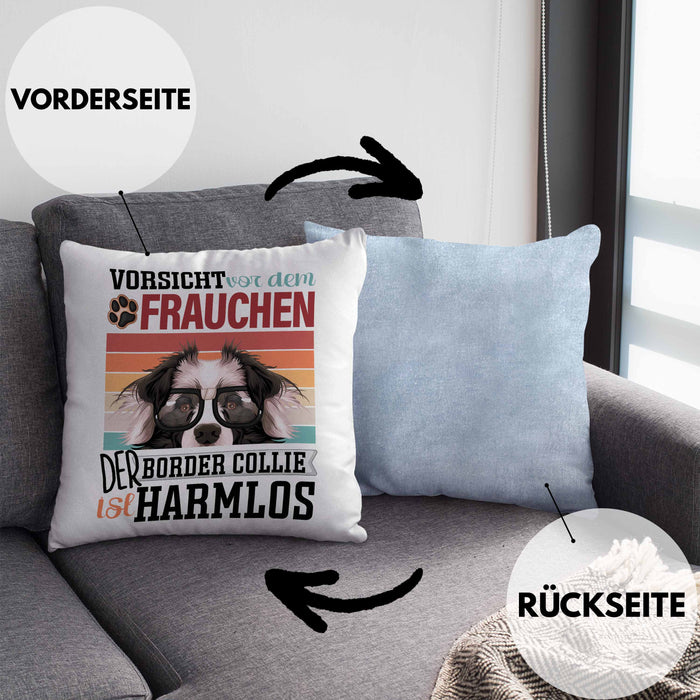 Border Collies Besitzerin Frauchen Kissen mit Füllung 40x40 Geschenk Lustiger Spruch Geschenkidee Vorsicht Vor Dem Frauchen (Grau) Blau Trendation