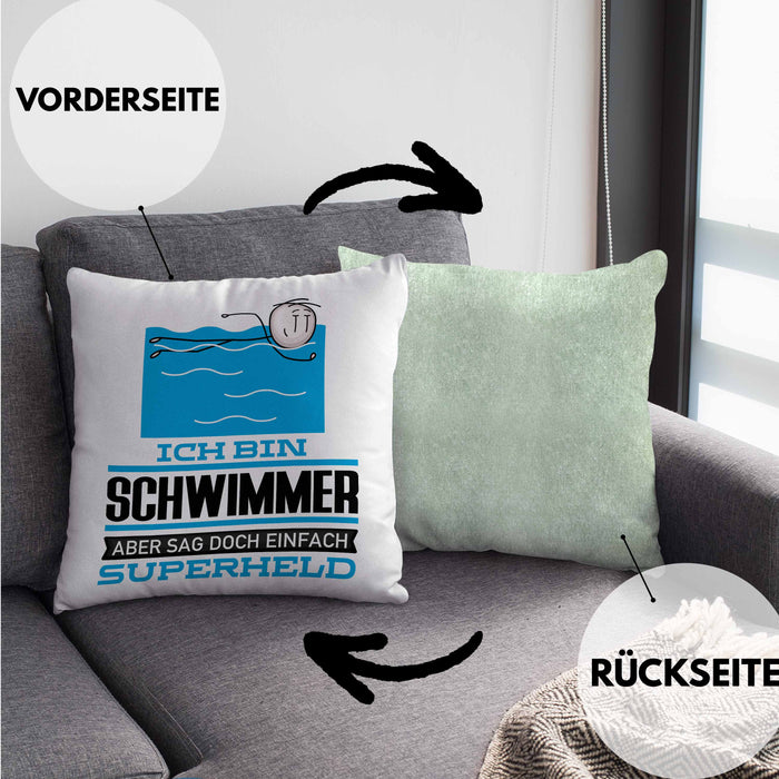 Schwimmer Geschenk Kissen mit Füllung 40x40 Ich Bin Schwimmer Aber Sag Doch Einfach Superheld Lustige Geschenkdiee für Schwimmer (Grau) Grün Trendation