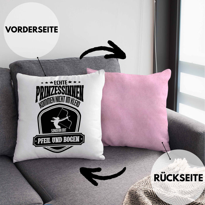 Lustige Bogenschützin Kissen mit Füllung 40x40 mit Spruch Geschenk Frauen Bogenschießen Pfeil und Bogen Motiv (Grau) Rosa Trendation