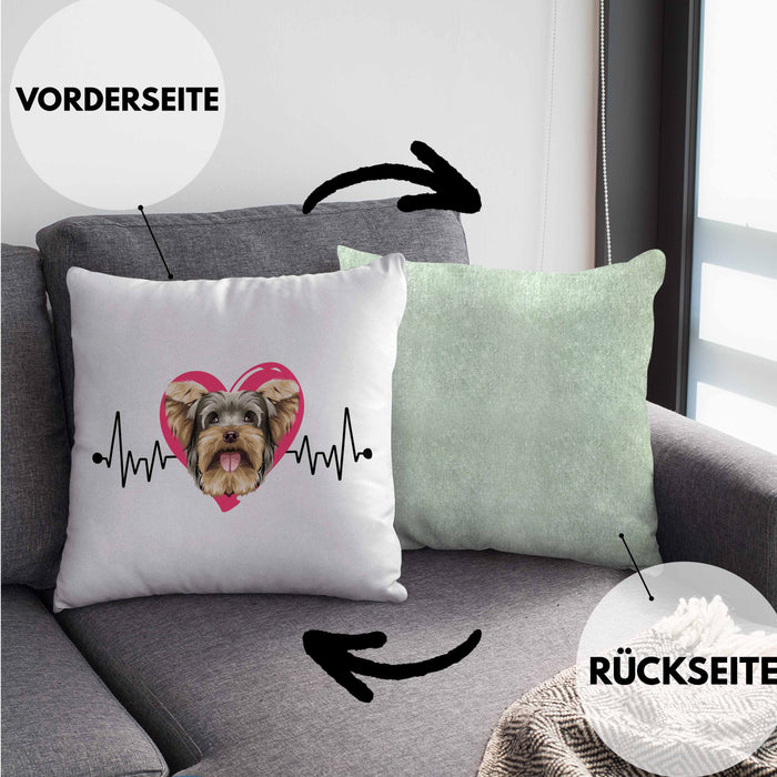 Yorkie Besitzer Kissen mit Füllung 40x40 Geschenk Lustiger Spruch Geschenkidee Herzschlag Yorkie (Grau) Grün Trendation