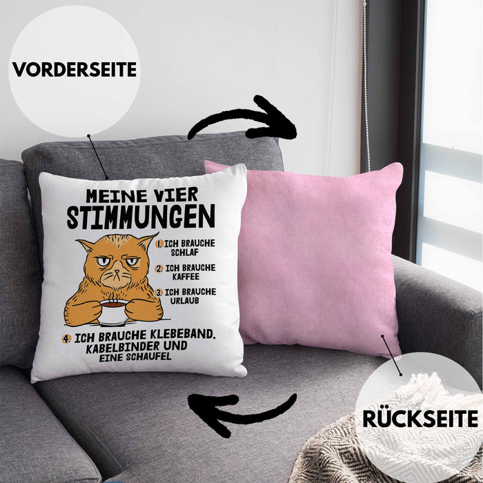 Katze Kissen mit Füllung 40x40 Geschenk Katzenbesitzerin Lustige Sprüche Kaffee Urlaub Müde Meine Vier Kaffeestimungen (Grau) Rosa Trendation