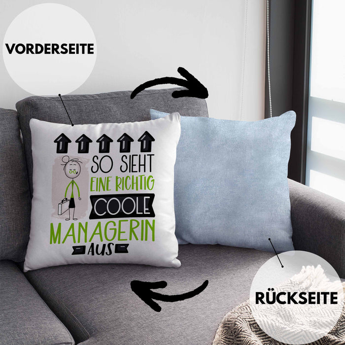 Managerin Geschenk Kissen mit Füllung 40x40 Lustig Geschenkidee für Managerin Geburtstag So Sieht Eine Richtig Coole Managerin Aus Frauen Spruch (Grau) Blau Trendation