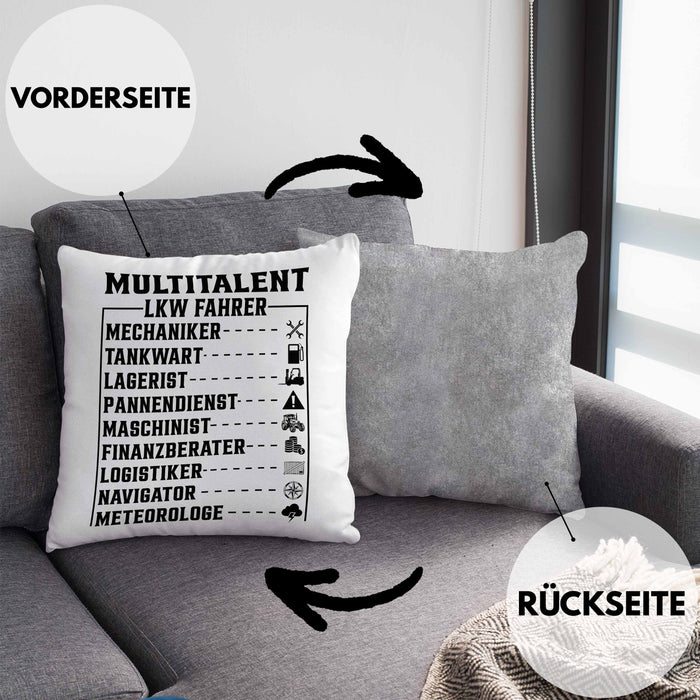 LKW Fahrer Kissen mit Füllung 40x40 Geschenk Multitalent Lustiger Spruch Lastkraftwagenfahrer (Grau) Grau Trendation