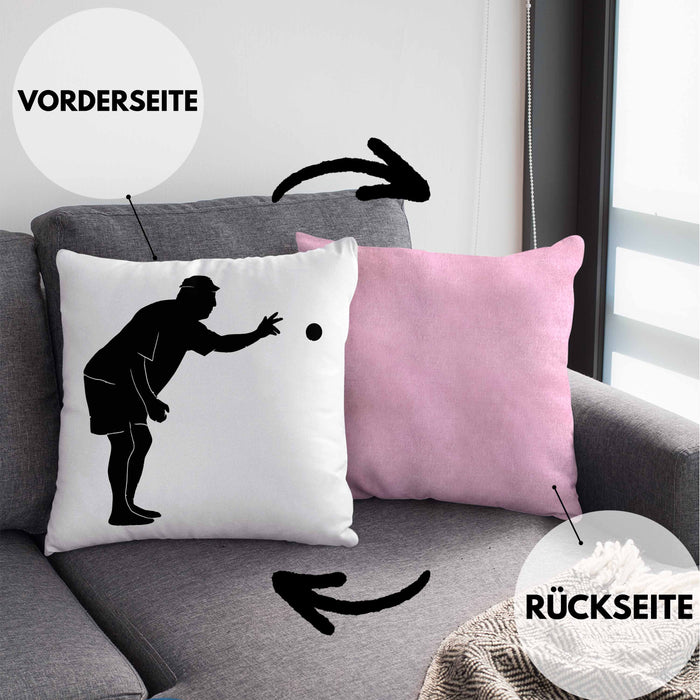 Boule Kissen mit Füllung 40x40 Geschenk Boule-Spieler Geschenkidee Spruch Grafik Werfender Boule Spieler (Grau) Rosa Trendation