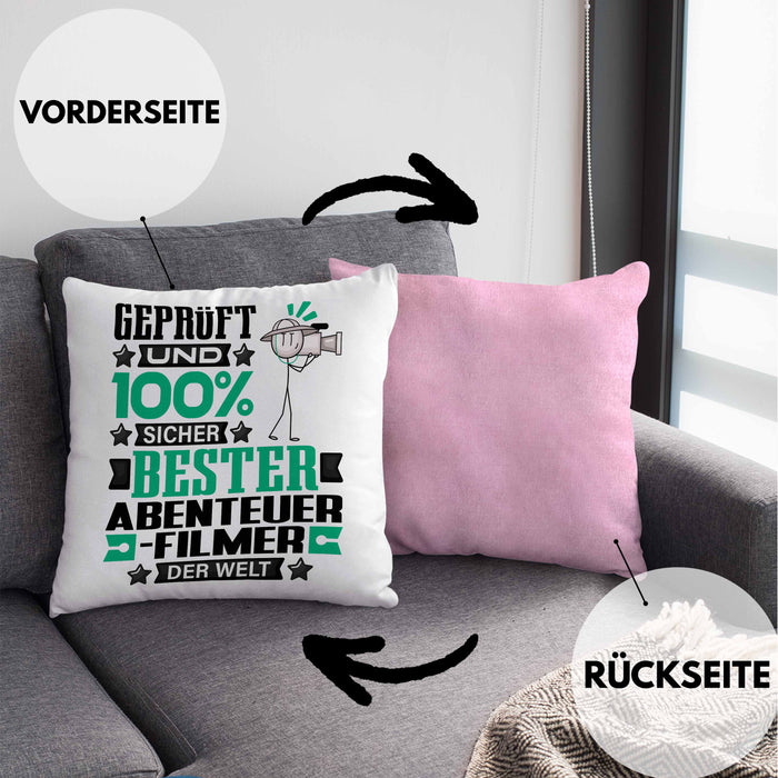Abenteuerfilmer Geschenk Lustiger Spruch für Abenteuerfilmer Geschenkidee Bester Abenteuerfilmer Der WeltKissen mit Füllung 40x40 (Grau) Rosa Trendation