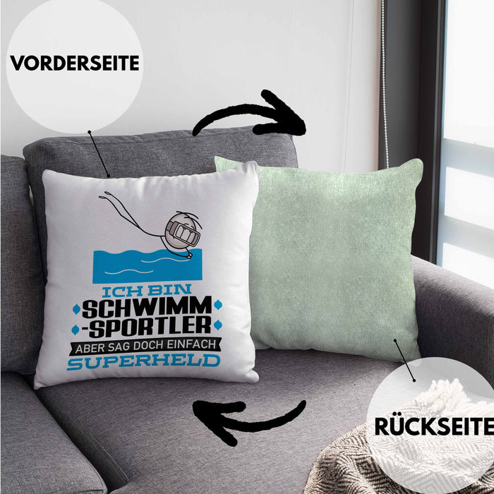 Schwimmsportler Geschenk Kissen mit Füllung 40x40 Ich Bin Schwimmsportler Aber Sag Doch Einfach Superheld Lustige Geschenkdiee für Schwimmsportler (Grau) Grün Trendation