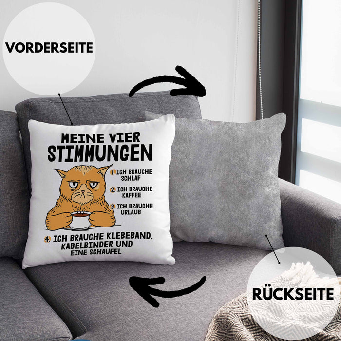 Katze Kissen mit Füllung 40x40 Geschenk Katzenbesitzerin Lustige Sprüche Kaffee Urlaub Müde Meine Vier Kaffeestimungen (Grau) Grau Trendation