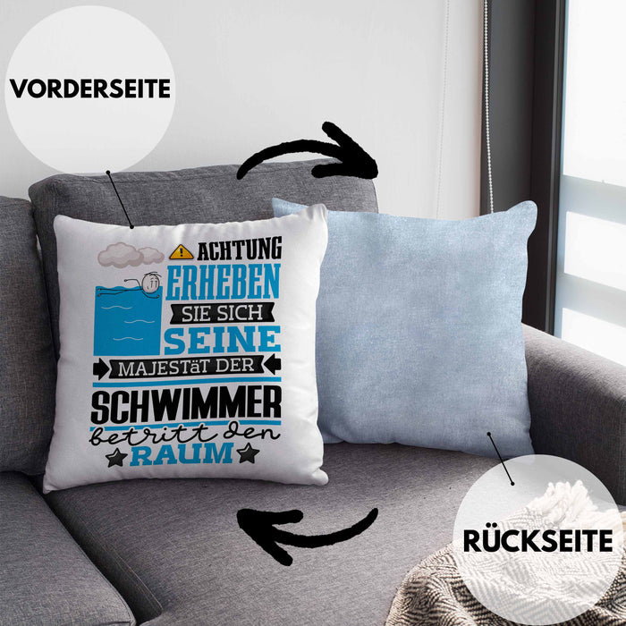 Schwimmer Geschenk Kissen mit Füllung 40x40 Lustiger Spruch Erheben Sie Sich Der Schwimmer Betritt den Raum (Grau) Blau Trendation