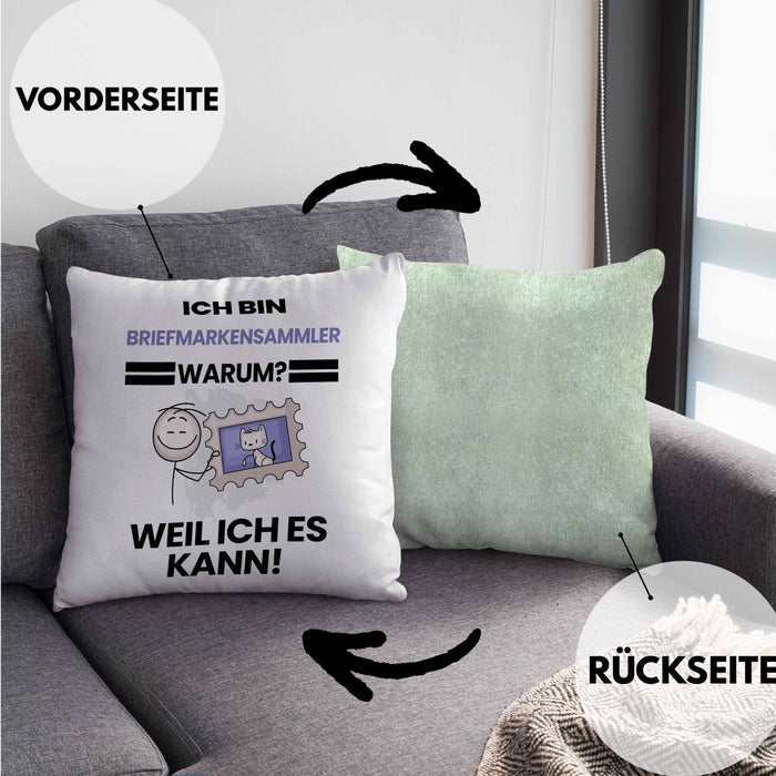 Briefmarkensammler Geschenk Kissen mit Füllung 40x40 Lustiger Spruch Ich Bin Briefmarkensammler Warum Weil Ich Es Kann Geschenkidee Bester Briefmarkensammler Geburtstag (Grau) Grün Trendation