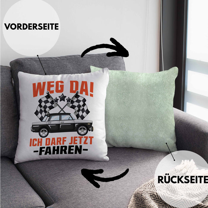 Führerschein Bestanden Geschenk Kissen mit Füllung 40x40 Bestandener Führerschein Weg Da Ich Darf Jetzt Fahren Fahrschule (Grau) Grün Trendation