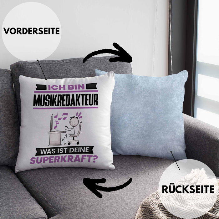 Musikredakteur Kissen mit Füllung 40x40 Geschenk für Musikredakteur Geburtstag Lustiger Spruch Was Ist Deine Superkraft (Grau) Blau Trendation