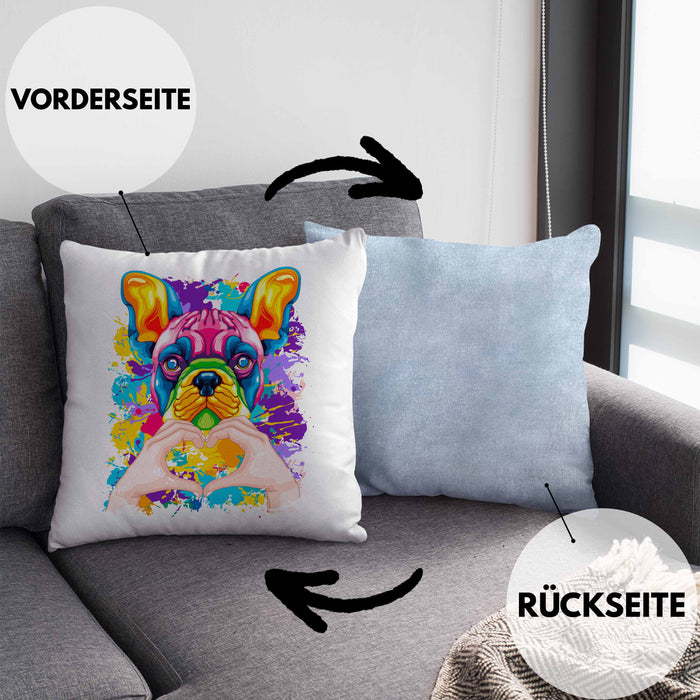 Französische Bulldogge Besitzer Farbe Love Kissen mit Füllung 40x40 Geschenk Lustiger Spruch Geschenkidee Französische Bulldogge Besitzerin (Grau) Blau Trendation