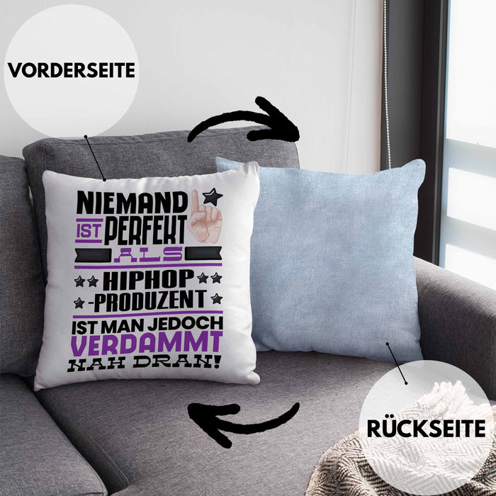 Hiphop-Produzent Geschenk Kissen mit Füllung 40x40 Lustige Geschenkidee für Hiphop-Produzent Geburtstag Niemand Ist Perfekt Aber Als Hiphop-Produzent Ist Man Nah Dran (Grau) Blau Trendation