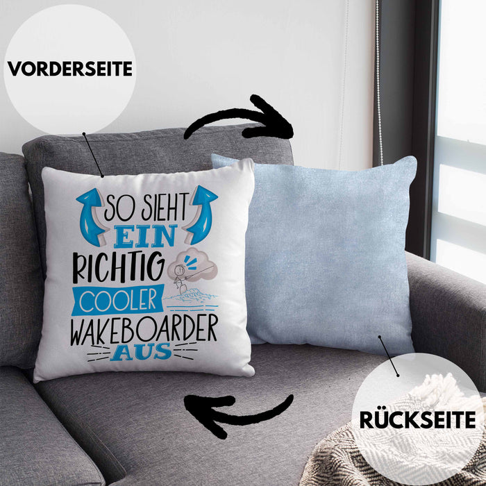 So Sieht Ein Richtig Cooler Wakeboarder Aus Geschenk Kissen mit Füllung 40x40 Lustiger Spruch Geschenkidee (Grau) Blau Trendation
