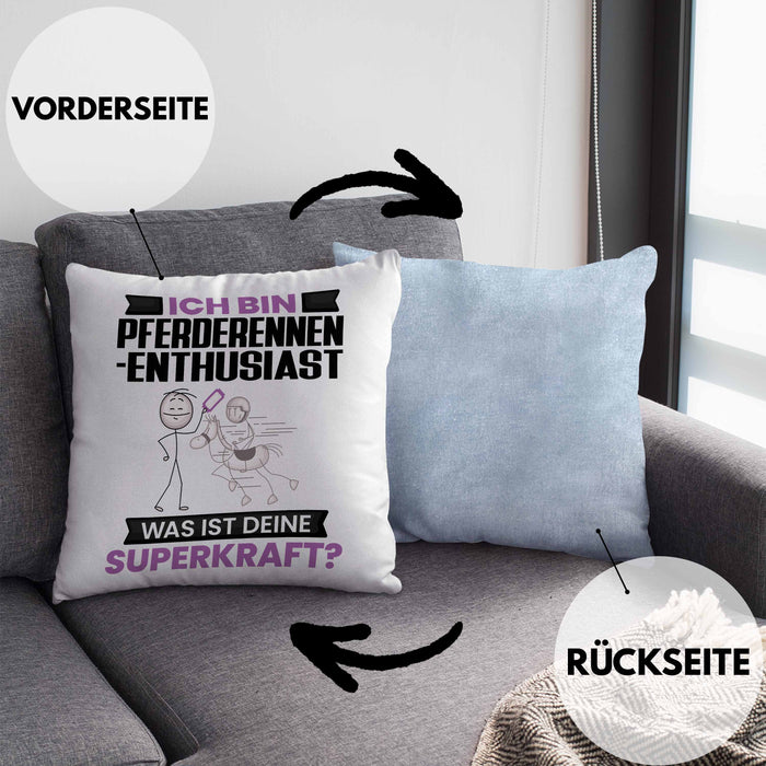 Pferderennen-Enthusiast Kissen mit Füllung 40x40 Geschenk für Pferderennen-Enthusiast Geburtstag Lustiger Spruch Was Ist Deine Superkraft (Grau) Blau Trendation