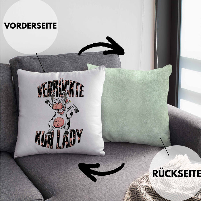 Lustige Kissen mit Füllung 40x40 Geschenk Frauen "Verrückte Kuhlady" Bauernhof Bäuerin (Grau) Grün Trendation