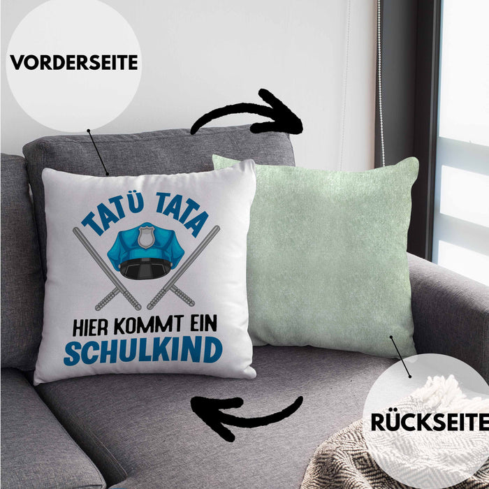 Einschulung Junge Tatü Tata Schulkind Geschenk für Schultüte Füllung Kissen mit Füllung 40x40 Schulstart 1. Schultag Schuleinführung Schulanfang Geschenkidee 2024 (Grau) Grün Trendation
