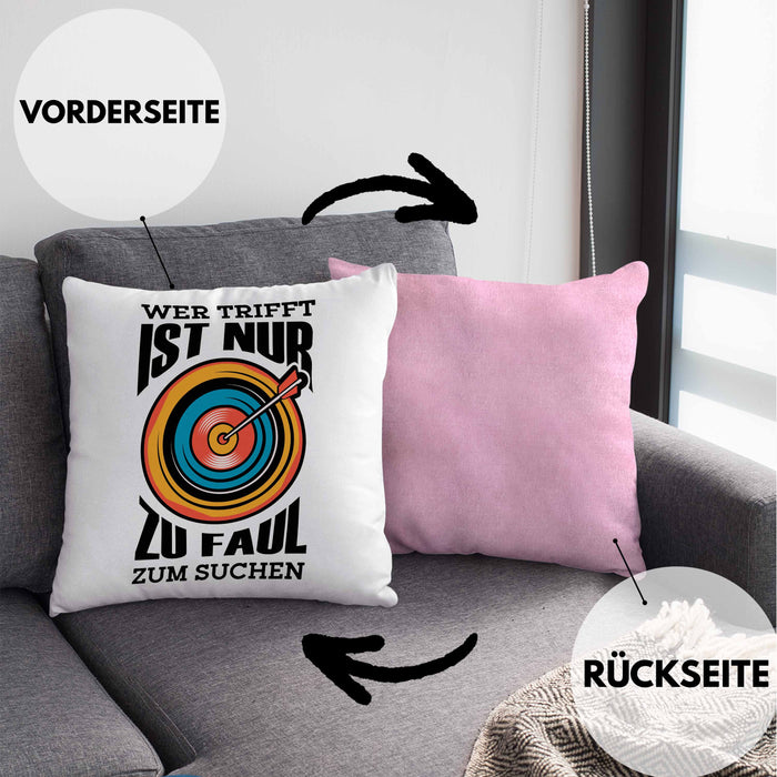 Bogenschießen Kissen mit Füllung 40x40 mit Bogenschütze Spruch - Geschenk für Pfeil und Bogen Fans Wer Trifft Ist Nur Zu Faul Zum Suchen (Grau) Rosa Trendation