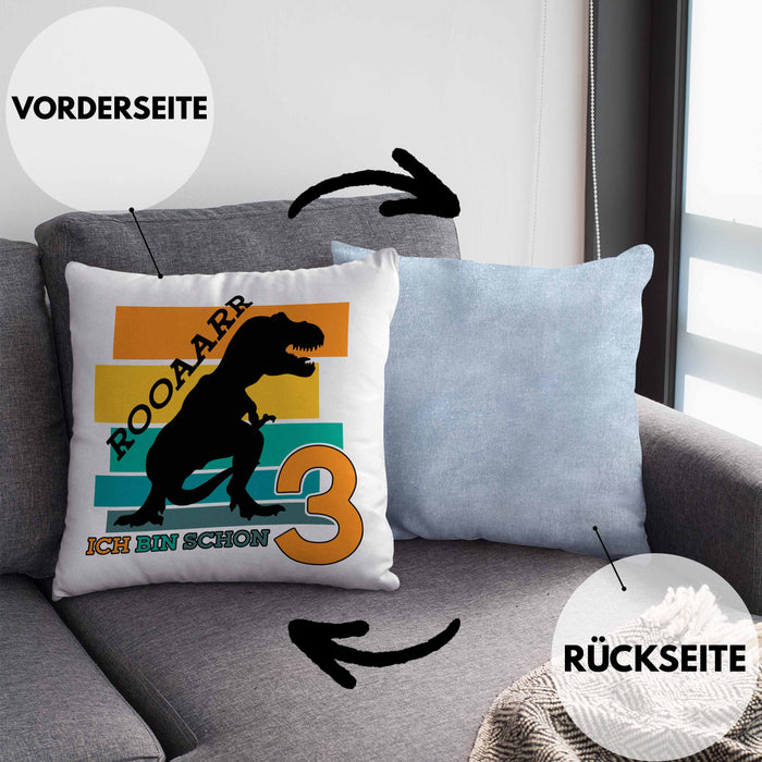 3. Geburtstag Jungs Dinosaurier Kissen mit Füllung 40x40 3er Geburtstag (Grau) Blau Trendation