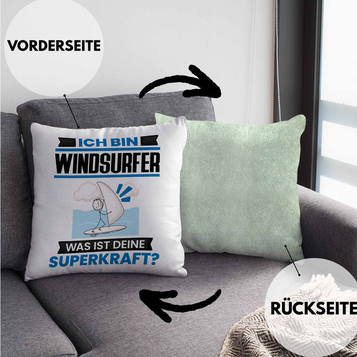 Windsurfer Kissen mit Füllung 40x40 Geschenk für Windsurfer Geburtstag Lustiger Spruch Was Ist Deine Superkraft (Grau) Grün Trendation