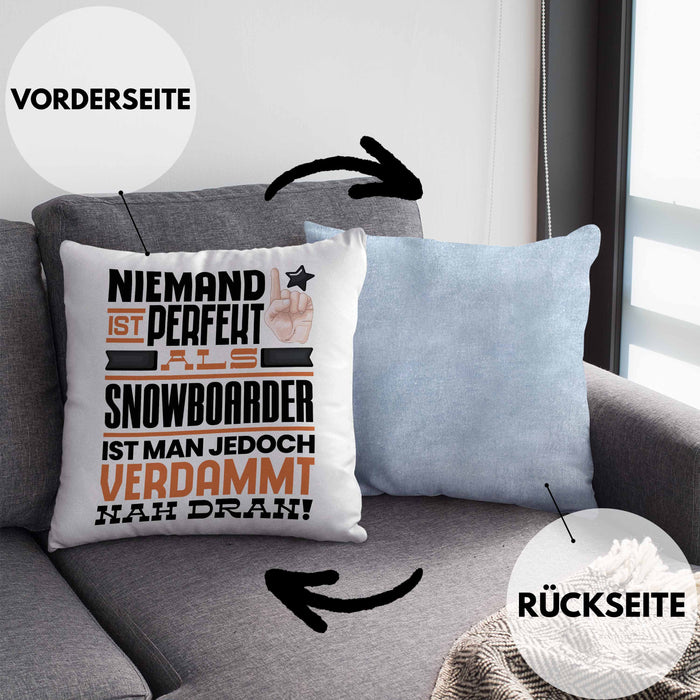 Snowboarder Geschenk Kissen mit Füllung 40x40 Lustige Geschenkidee für Snowboarder Geburtstag Niemand Ist Perfekt Aber Als Snowboarder Ist Man Nah Dran (Grau) Blau Trendation