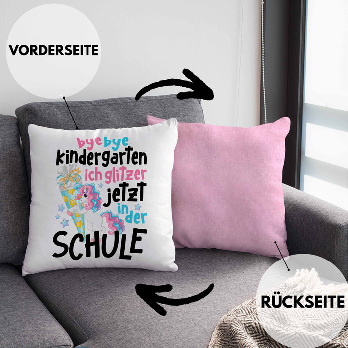 Bye Bye Kindergarten Einschulung Mädchen Geschenk Kissen mit Füllung 40x40 Schulstart 1. Schultag Schuleinführung Schulanfang Geschenkidee 2024 Schulkind Ich Glitzer Jetzt In Der Schule (Grau) Rosa Trendation