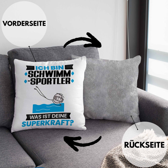 Schwimmsportler Kissen mit Füllung 40x40 Geschenk für Schwimmsportler Geburtstag Lustiger Spruch Was Ist Deine Superkraft (Grau) Grau Trendation