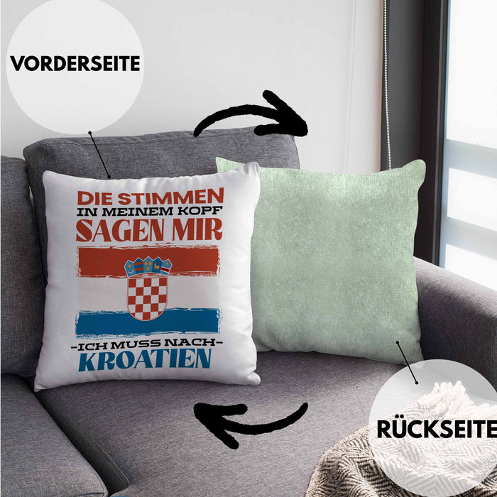 Kroatien Kissen mit Füllung 40x40 Urlaub Heimat Geschenk Spruch Kroatie Geschenkidee (Grau) Grün Trendation
