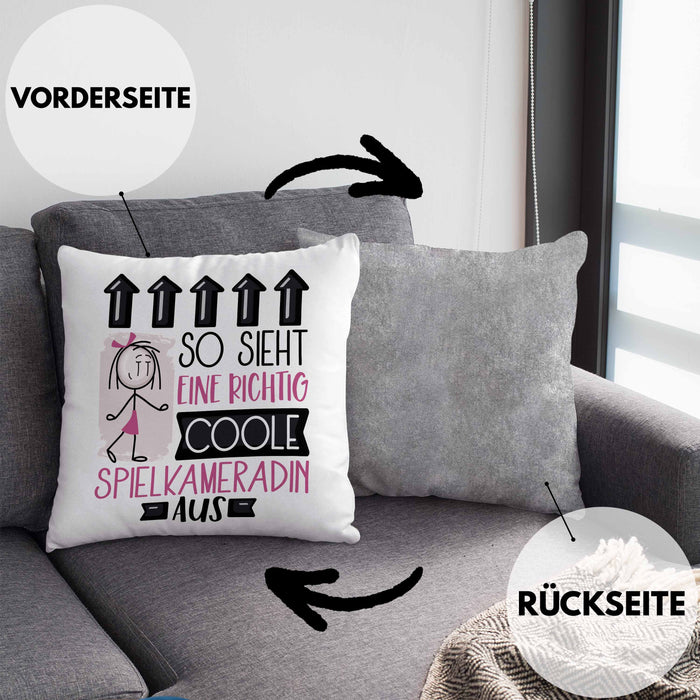 Spielkameradin Geschenk Kissen mit Füllung 40x40 Lustig Geschenkidee für Spielkameradin Geburtstag So Sieht Eine Richtig Coole Spielkameradin Aus Frauen Spruch (Grau) Grau Trendation
