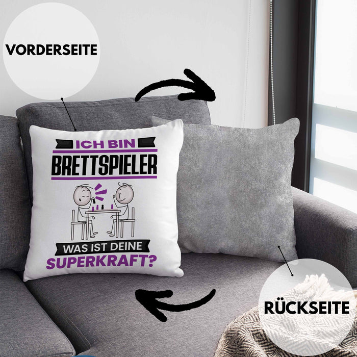 Brettspieler Kissen mit Füllung 40x40 Geschenk für Brettspieler Geburtstag Lustiger Spruch Was Ist Deine Superkraft (Grau) Grau Trendation