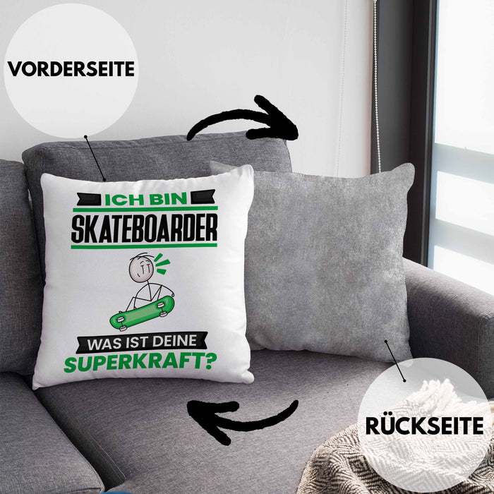 Skateboarder Kissen mit Füllung 40x40 Geschenk für Skateboarder Geburtstag Lustiger Spruch Was Ist Deine Superkraft (Grau) Grau Trendation