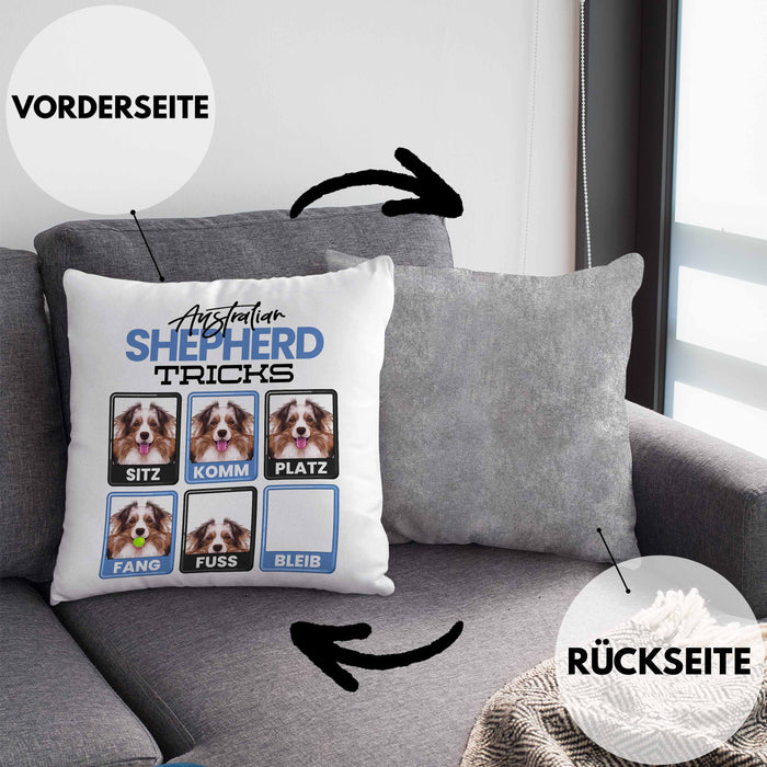 Australian Shepherd Besitzer Kissen mit Füllung 40x40 Geschenk Lustiger Spruch Geschenkidee Australian Shepherd Tricks Bleib (Grau) Grau Trendation
