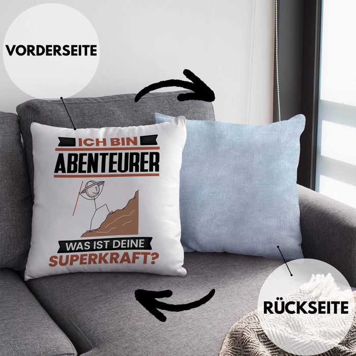 Abenteurer Kissen mit Füllung 40x40 Geschenk für Abenteurer Geburtstag Lustiger Spruch Was Ist Deine Superkraft (Grau) Blau Trendation