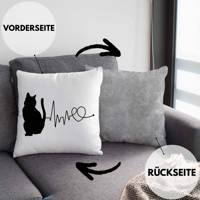 Katze Herzschlag Kissen mit Füllung 40x40 Geschenk für Katzenbesitzerin (Grau) Grau Trendation
